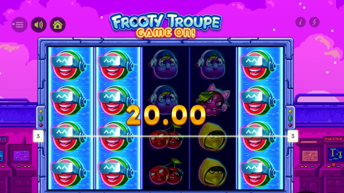Tampilan visual retro arcade pada slot Frooty Troupe Game On
