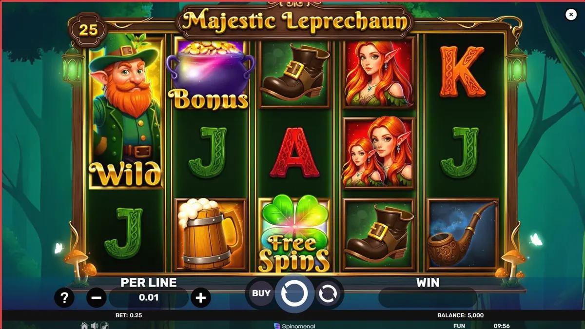 Pemandangan indah pedesaan Irlandia di latar belakang slot Majestic Leprechaun