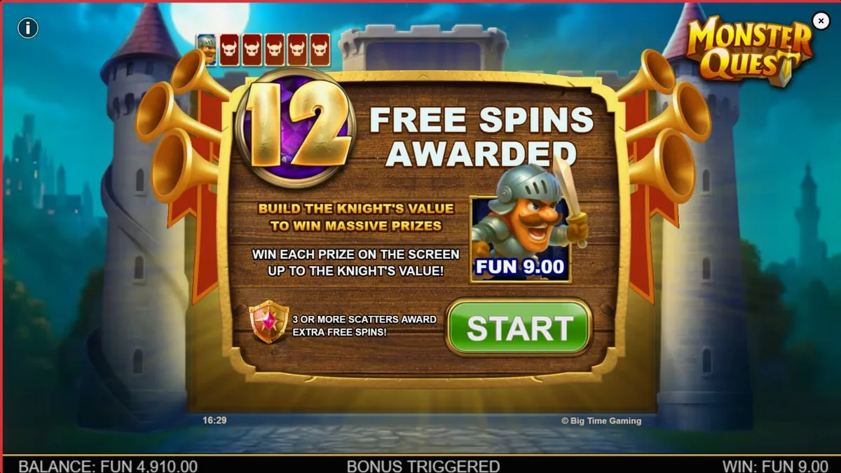 Tampilan visual slot Monster Quest dengan latar belakang kastil abad pertengahan dan ksatria.